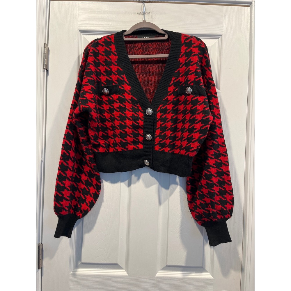 Akira Houndstooth Cropped Cardigan Red Black Sleeve R1334-1 L